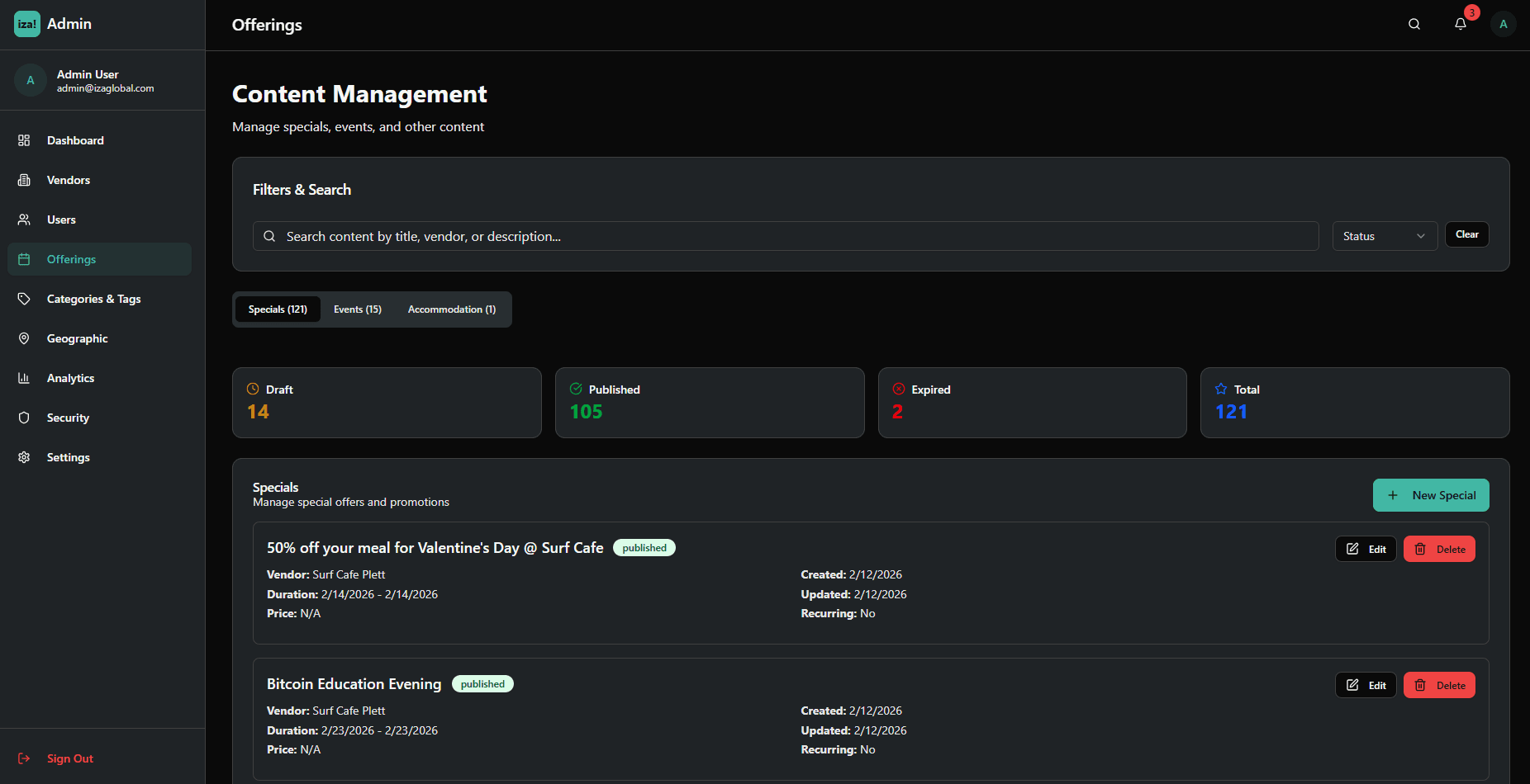 iza! Global content management system with 121 active specials and vendor offerings